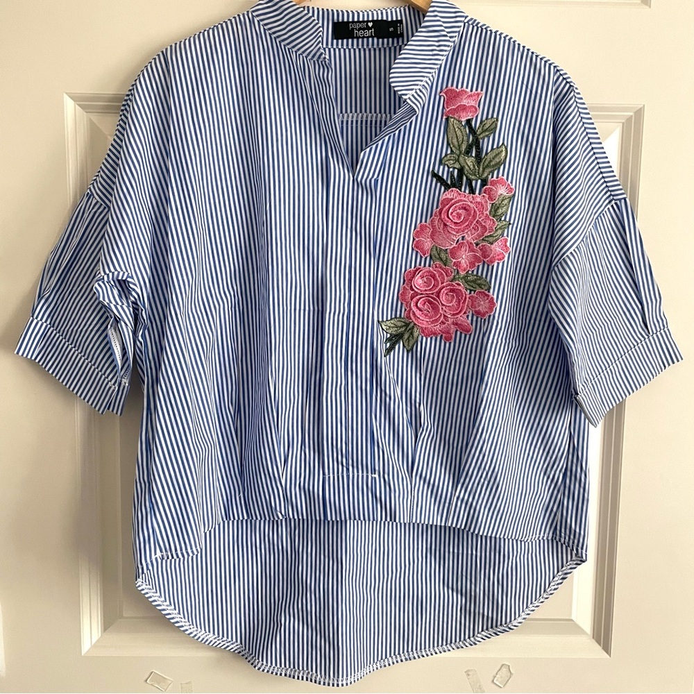 Paper Heart Blue Striped Women's Tunic Pink Floral Embroidery